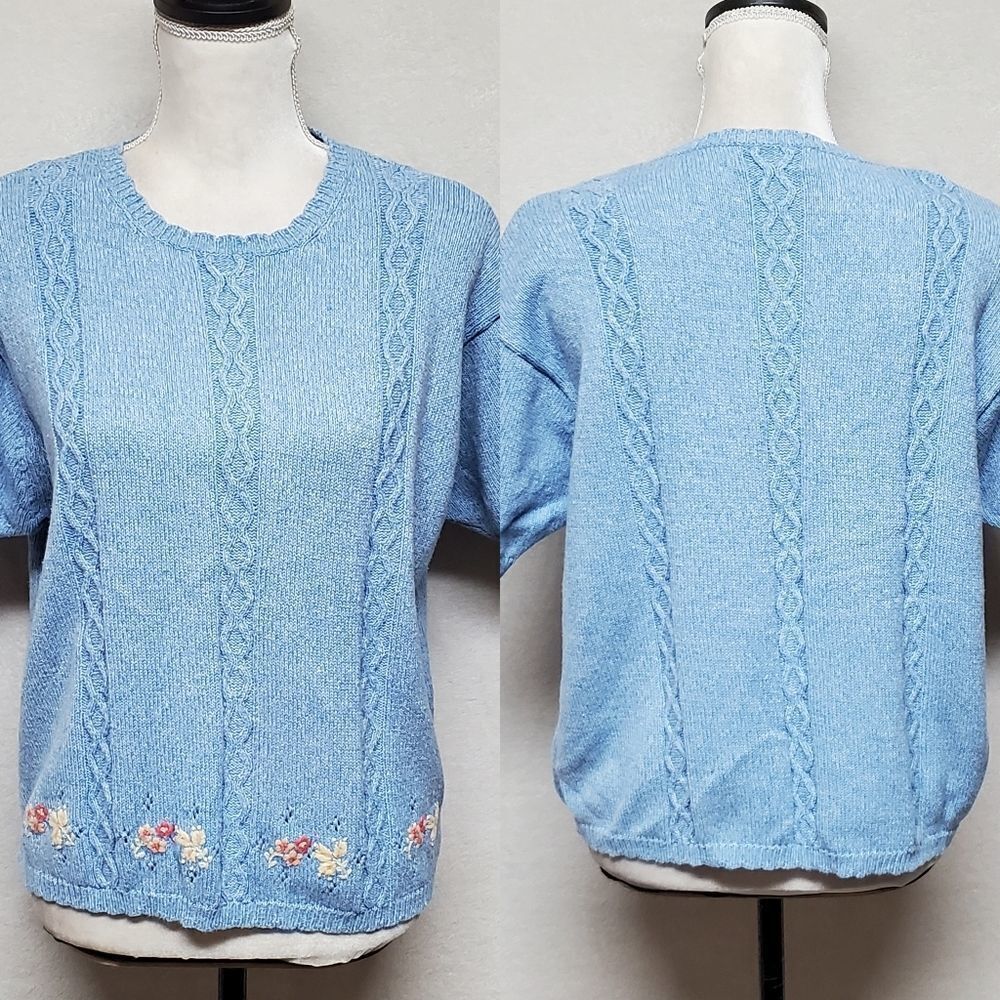 Vintage 1970s Jumper Blue Corded Scalloped Floral Short Sleeve Sweater XL